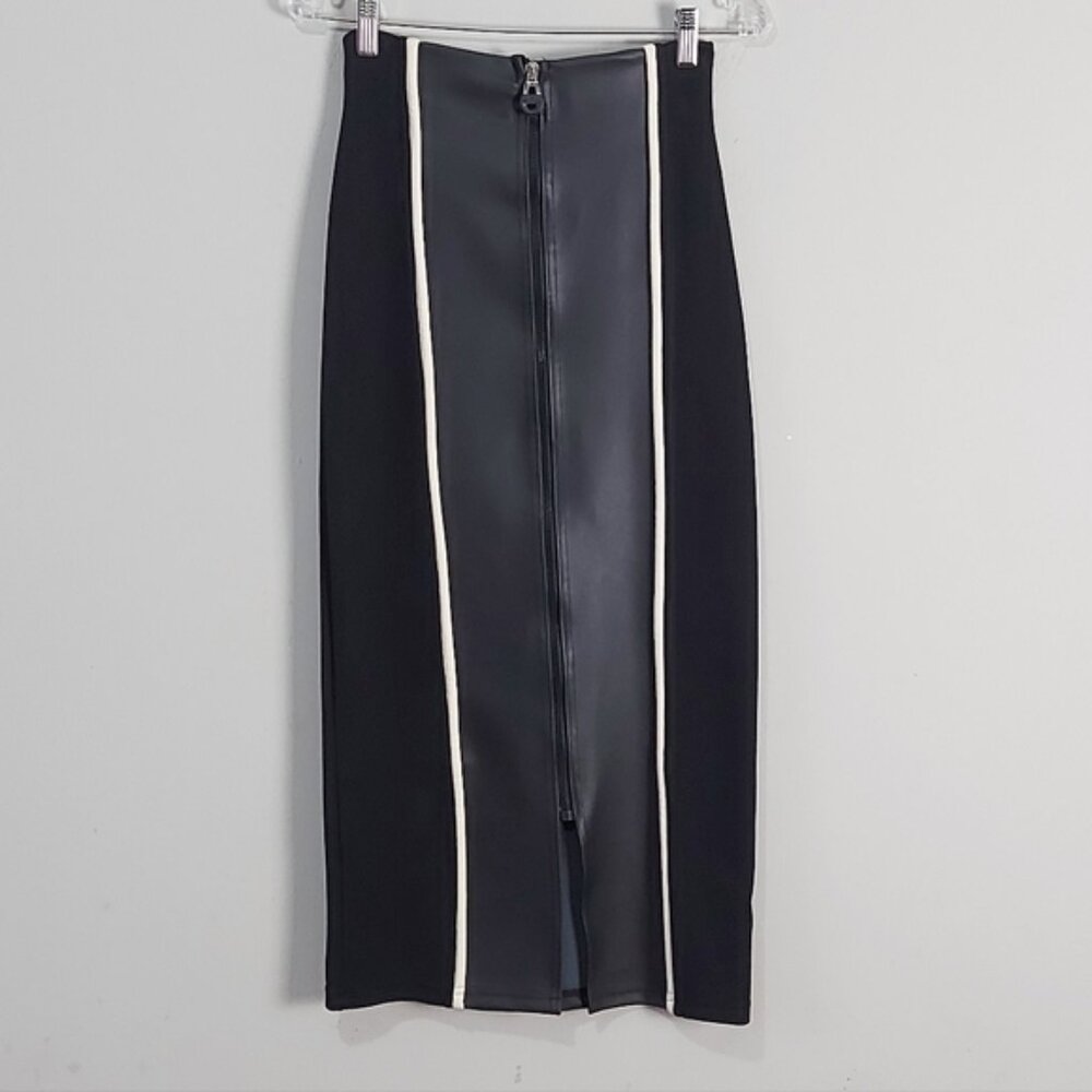 Y2K VTG Faux Leather Zip Front High Waisted Bodycon Fitted Pencil Long Skirt